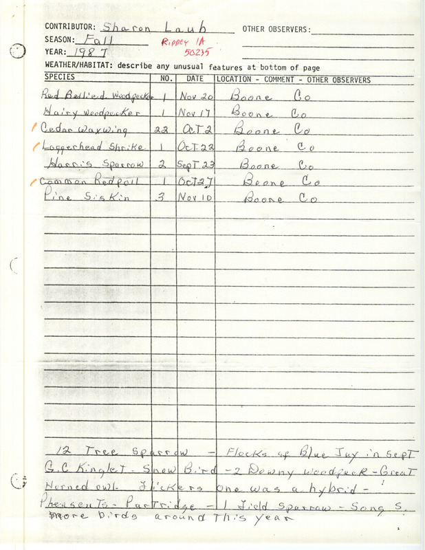 Fall report of birds found in Boone County contributed by Sharon Laub. This item was used as supporting documentation for the Iowa Ornithologists' Union Quarterly field report of fall 1987.