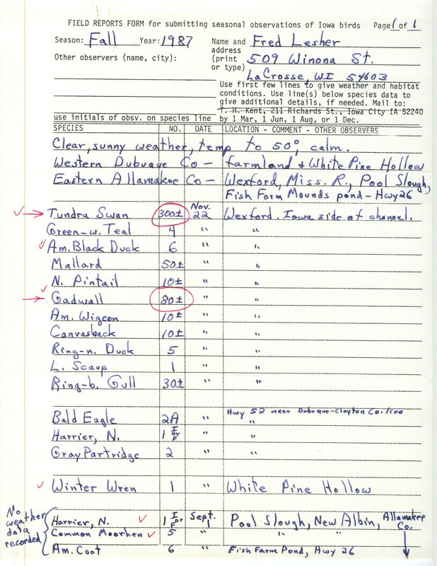 Fall report of birds and locations contributed by Fred Lesher. This item was used as supporting documentation for the Iowa Ornithologists' Union Quarterly field report of fall 1987.