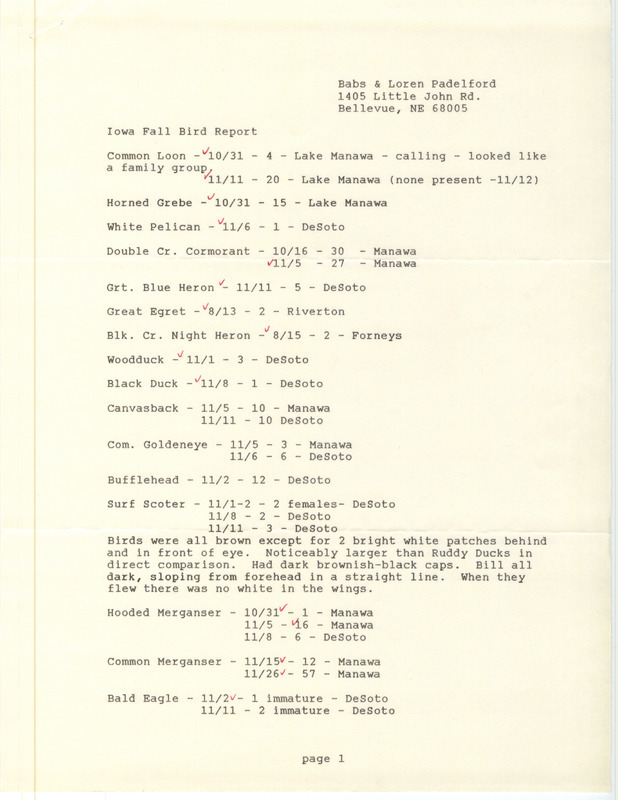 Fall report of birds and locations contributed by Babs Padelford and Loren Padelford. This item was used as supporting documentation for the Iowa Ornithologists' Union Quarterly field report of fall 1987.