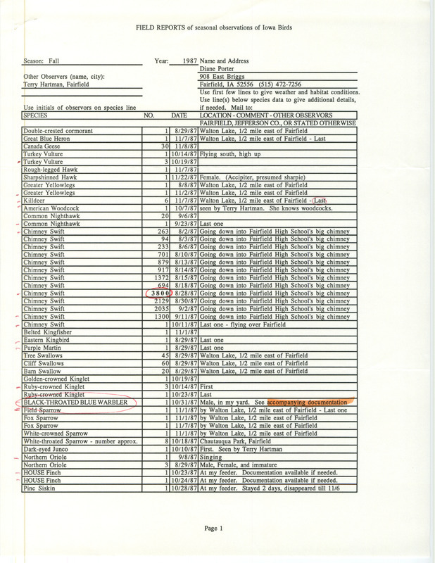 Fall report of birds contributed by Diane C. Porter. This item was used as supporting documentation for the Iowa Ornithologists' Union Quarterly field report of fall 1987.