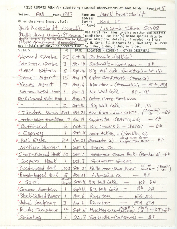 Fall report of birds and locations contributed by Mark Proescholdt. This item was used as supporting documentation for the Iowa Ornithologists' Union Quarterly field report of fall 1987.