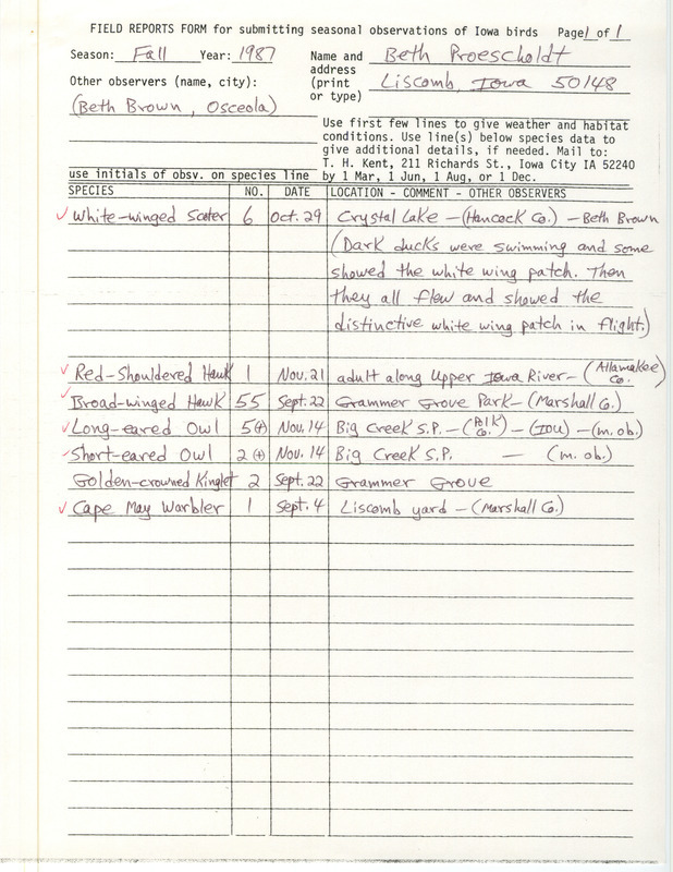 Fall report of birds contributed by Beth Proescholdt. This item was used as supporting documentation for the Iowa Ornithologists' Union Quarterly field report of fall 1987.