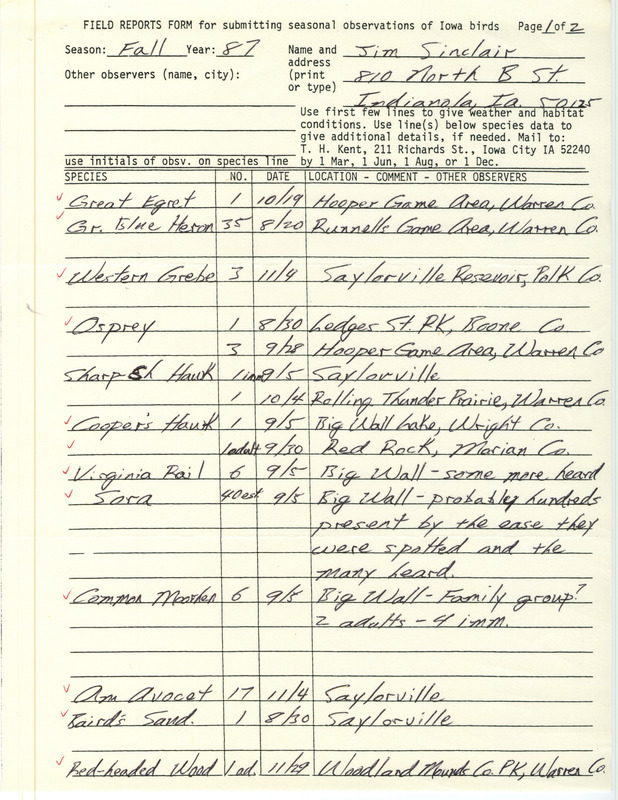 Fall report of birds contributed by Jim Sinclair. This item was used as supporting documentation for the Iowa Ornithologists' Union Quarterly field report of fall 1987.