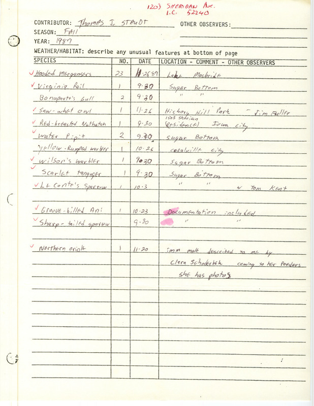 Fall report of birds contributed by Thomas J. Staudt. This item was used as supporting documentation for the Iowa Ornithologists' Union Quarterly field report of fall 1987.