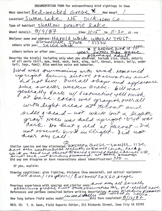 Fall report of birds contributed by Harold W. White. Verifying documentation of an extraordinary sighting of a Red-necked Grebe is included. This item was used as supporting documentation for the Iowa Ornithologists' Union Quarterly field report of fall 1987.