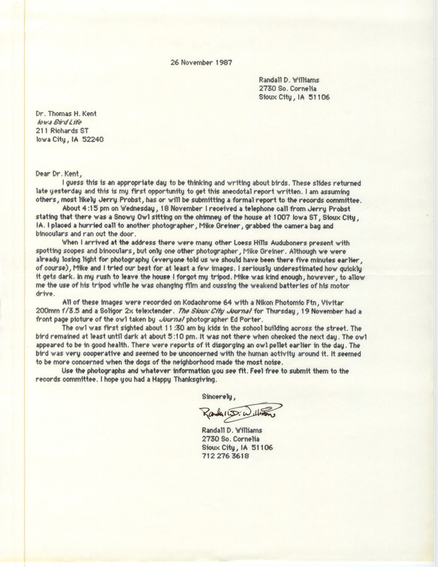 Letter from Randall D. Williams to Thomas H. Kent regarding a Snowy Owl sighting in Sioux City, November 26, 1987. This item was used as supporting documentation for the Iowa Ornithologists' Union Quarterly field report of fall 1987.