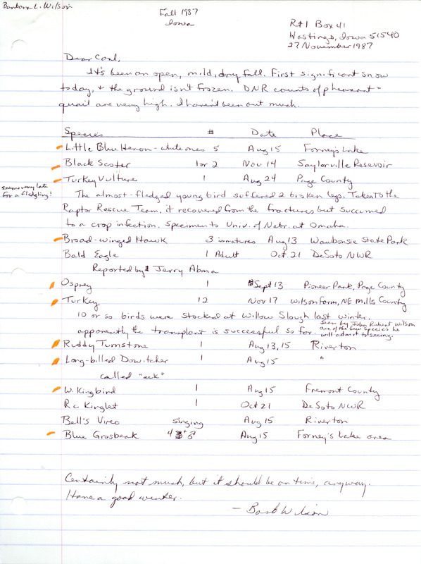 Letter from Barbara L. Wilson to Carl J. Bendorf regarding fall bird sightings, November 27, 1987. This item was used as supporting documentation for the Iowa Ornithologists' Union Quarterly field report of fall 1987.