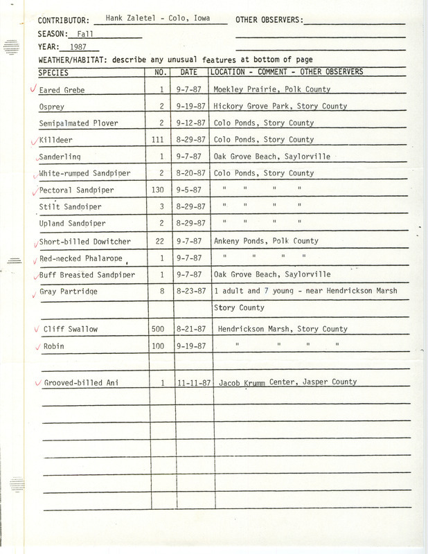 Fall report of birds found in central Iowa contributed by Hank Zaletel. This item was used as supporting documentation for the Iowa Ornithologists' Union Quarterly field report of 1987.