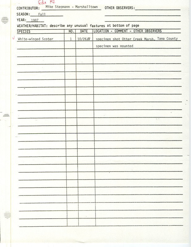 Fall field note of a White-winged Scoter that was shot and mounted contributed by Mike Stegmann. This item was used as supporting documentation for the Iowa Ornithologists' Union Quarterly field report of fall 1987.