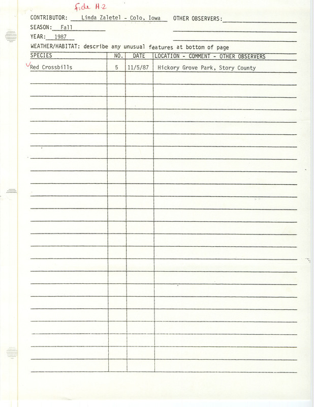 Fall report of sighting of Red Crossbills contributed by Linda Zaletel. This item was used as supporting documentation for the Iowa Ornithologists' Union Quarterly field report of fall 1987.