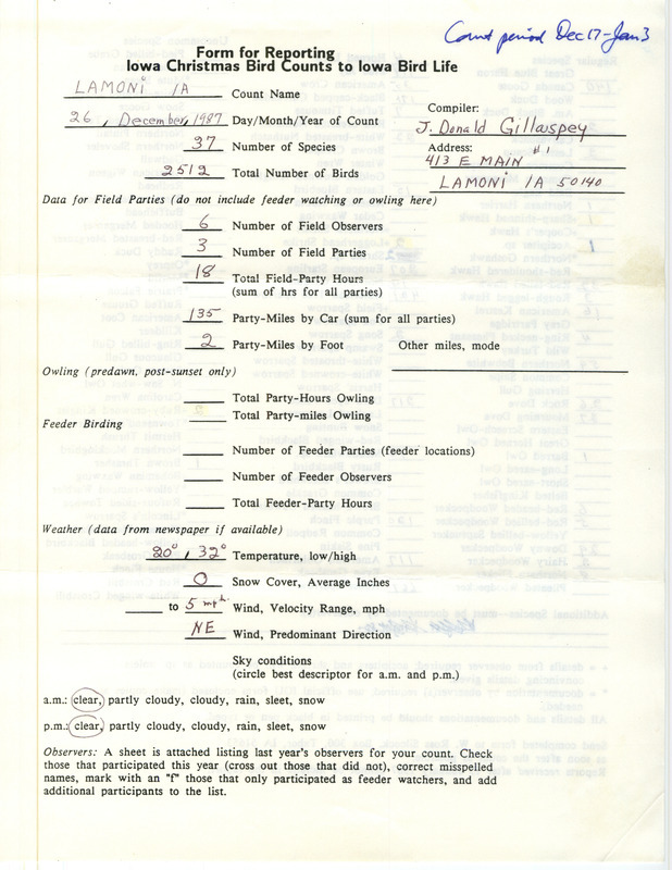 Iowa Christmas bird counts of regular and uncommon species found in Lamoni contributed by J. Donald Gillaspey, December 26, 1987. This item was used as supporting documentation for the Iowa Ornithologists Union Quarterly field report of winter 1987-1988.