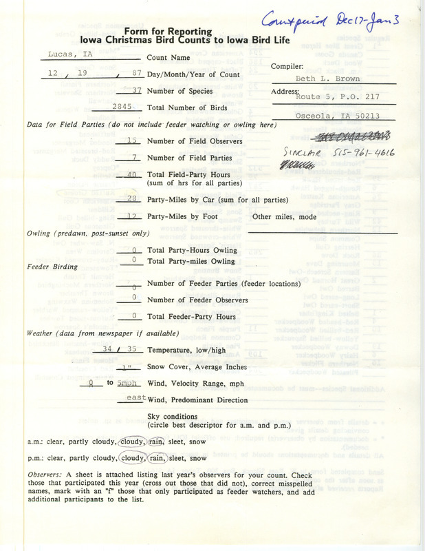 Iowa Christmas bird counts of regular and uncommon species found in Lucas contributed by Beth Brown, December 19, 1987. This item was used as supporting documentation for the Iowa Ornithologists Union Quarterly field report of winter of 1987-1988.