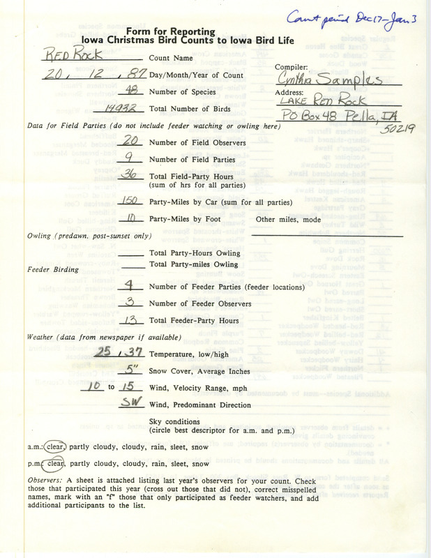 Iowa Christmas bird counts of regular and uncommon species found in Lake Red Rock contributed by Cynthia Samples, December 20, 1987. This item was used as supporting documentation for the Iowa Ornithologists Union Quarterly field report of winter 1987-1988.