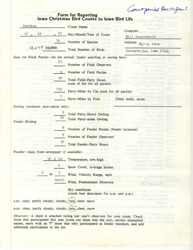 Iowa Christmas bird counts of regular and uncommon species found in Rathbun State Wildlife Area contributed by Bill Heusinkveld, December 19, 1987. This item was used as supporting documentation for the Iowa Ornithologists Union Quarterly field report of winter 1987-1988.