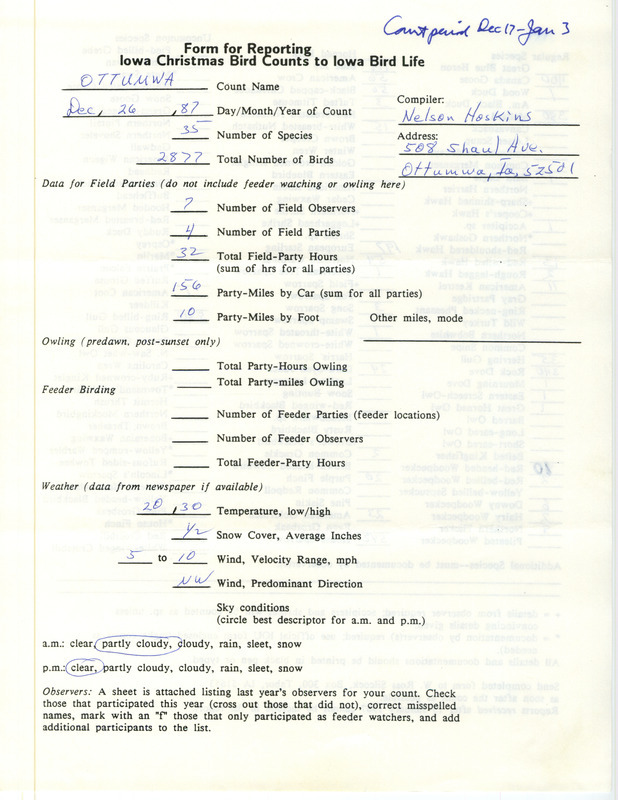 Iowa Christmas bird counts of regular and uncommon species found in Ottumwa contributed by Nelson R. Hoskins, December 26, 1987. This item was used as supporting documentation for the Iowa Ornithologists Union Quarterly field report of winter 1987-1988.