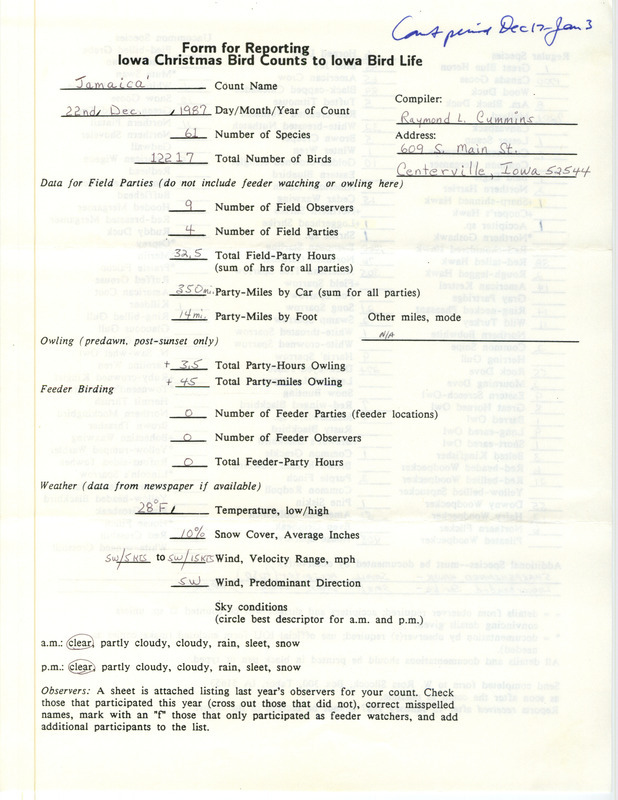 Iowa Christmas bird counts of regular and uncommon species found in Jamaica contributed by Raymond L. Cummins, December 22, 1987. This item was used as supporting documentation for the Iowa Ornithologists Union Quarterly field report of winter 1987-1988.