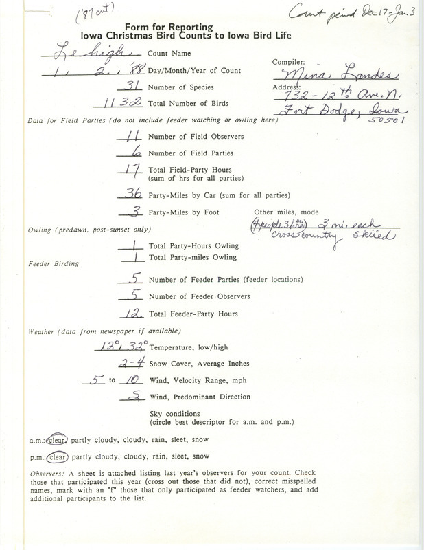 Iowa Christmas bird counts of regular and uncommon species found in Lehigh contributed by Mina Landes, January 2, 1988. Iowa Christmas bird counts of regular and uncommon species found in winter 1987-1988.