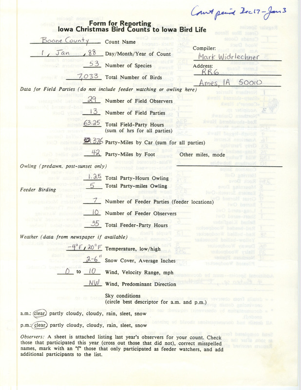 Iowa Christmas bird counts of regular and uncommon species found in Boone County contributed by Mark Widrlechner, January 1, 1988. This item was used as supporting documentation for the Iowa Ornithologists Union Quarterly field report of winter 1987-1988.