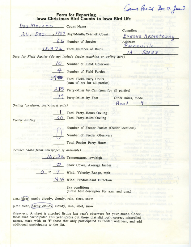 Iowa Christmas bird counts of regular and uncommon species found in Des Moines contributed by Eugene Armstrong, December 26, 1987. This item was used as supporting documentation for the Iowa Ornithologists Union Quarterly field report of winter 1987-1988.