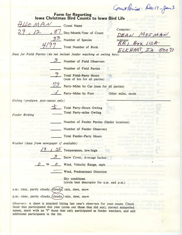 Iowa Christmas bird counts of regular and uncommon species found in Alleman contributed by Dean Mosman, December 29,1987. This item was used as supporting documentation for the Iowa Ornithologists Union Quarterly field report of winter 1987-1988.