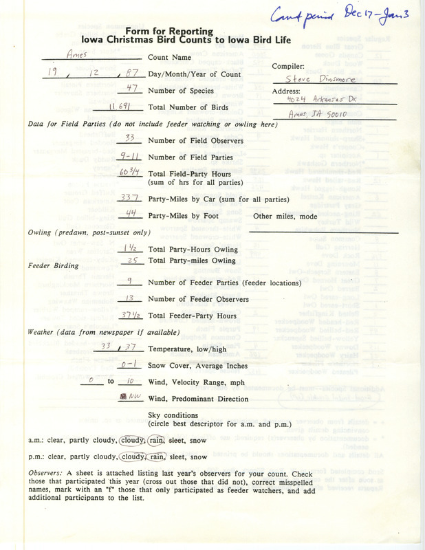 Iowa Christmas bird counts of regular and uncommon species found in Ames contributed by Stephen J. Dinsmore, December 19, 1987. This item was used as supporting documentation for the Iowa Ornithologists Union Quarterly field report of winter 1987-1988.