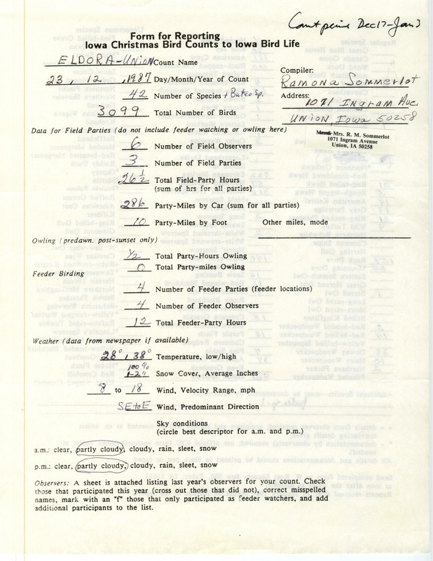 Iowa Christmas bird counts of regular and uncommon species found in Eldora and Union contributed by Ramona R. Sommerlot, December 23, 1987. This item was used as supporting documentation for the Iowa Ornithologists Union Quarterly field report of winter 1987-1988.