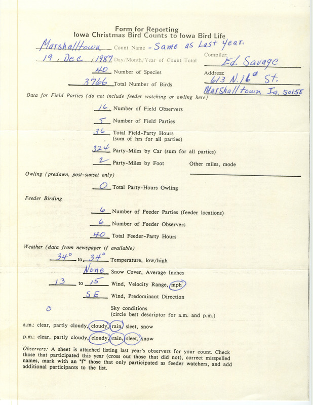 Iowa Christmas bird counts of regular and uncommon species found in Marshalltown contributed by Ed Savage, December 19, 1987. This item was used as supporting documentation for the Iowa Ornithologists Union Quarterly field report of winter 1987-1988.