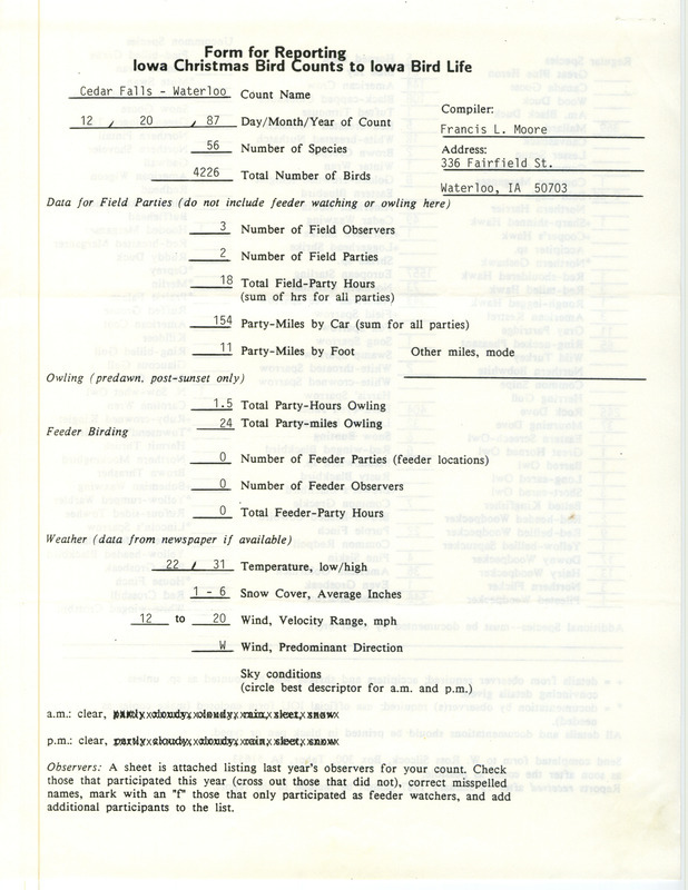 Iowa Christmas bird counts of regular and uncommon species found in Cedar Falls and Waterloo contributed by Francis L. Moore, December 20, 1987. This item was used as supporting documentation for the Iowa Ornithologists Union Quarterly field report of winter 1987-1988.