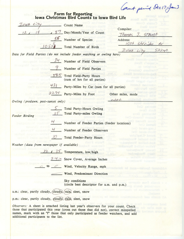 Iowa Christmas bird counts of regular and uncommon species found in Iowa City contributed by Thomas J. Staudt, December 19, 1987. This item was used as supporting documentation for the Iowa Ornithologists Union Quarterly field report of winter 1987-1988.