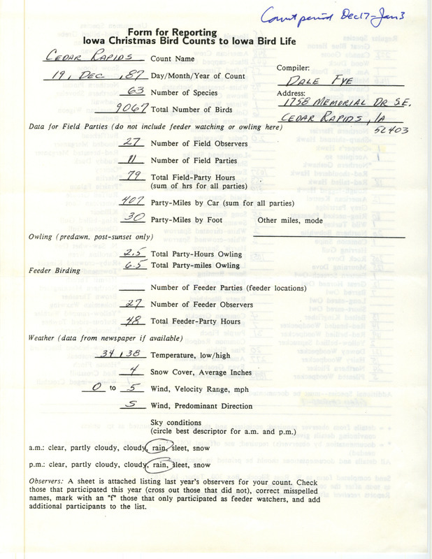 Iowa Christmas bird counts of regular and uncommon species found in Cedar Rapids contributed by Dale Fye, December 19, 1987. This item was used as supporting documentation for the Iowa Ornithologists Union Quarterly field report of winter 1987-1988.