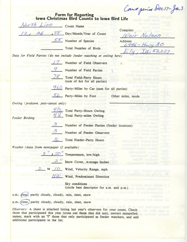 Iowa Christmas bird counts of regular and uncommon species found in Linn County contributed by Weir Nelson, December 26, 1987. This item was used as supporting documentation for the Iowa Ornithologists Union Quarterly field report of winter 1987-1988.