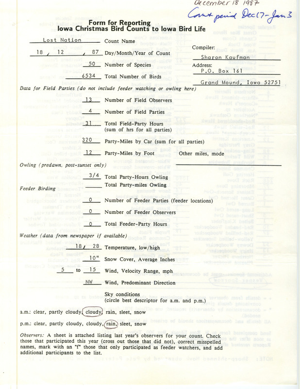 Iowa Christmas bird counts of regular and uncommon species found in Lost Nation contributed by Sharon Kaufman, December 18, 1987. This item was used as supporting documentation for the Iowa Ornithologists Union Quarterly field report of winter 1987-1988.