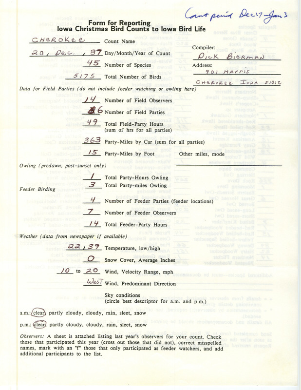 Iowa Christmas bird counts of regular and uncommon species found in Cherokee contributed by Dick Bierman, December 20, 1987. This item was used as supporting documentation for the Iowa Ornithologists Union Quarterly field report of winter 1987-1988.