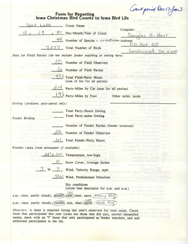 Iowa Christmas bird counts of regular and uncommon species found in Spirit Lake contributed by Douglas C. Harr, December 19, 1987. This item was used as supporting documentation for the Iowa Ornithologists Union Quarterly field report of winter 1987-1988.