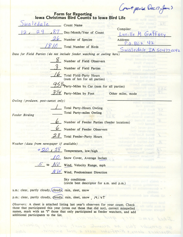 Iowa Christmas bird counts of regular and uncommon species found in Swaledale contributed by Lucille M. Gaffney, December 29, 1987. This item was used as supporting documentation for the Iowa Ornithologists Union Quarterly field report of winter 1987-1988.