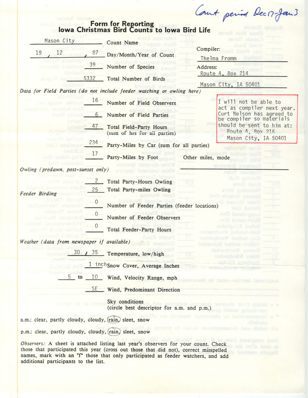 Iowa Christmas bird counts of regular and uncommon species found in Mason City contributed by Thelma Joy Fromm, December 19, 1987. This item was used as supporting documentation for the Iowa Ornithologists Union Quarterly field report of winter 1987-1988.