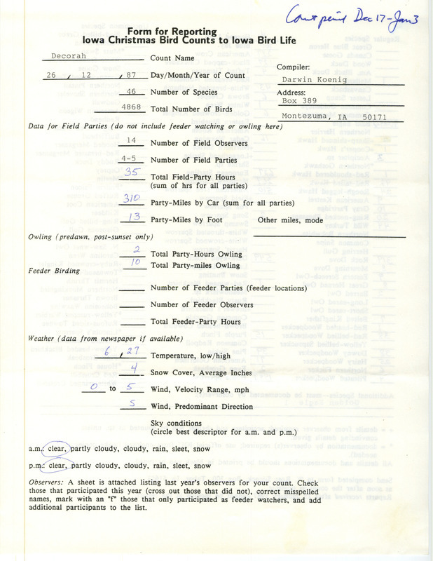 Iowa Christmas bird counts of regular and uncommon species found in Decorah contributed by Darwin Koenig, December 26, 1987. This item was used as supporting documentation for the Iowa Ornithologists Union Quarterly field report of winter 1987-1988.