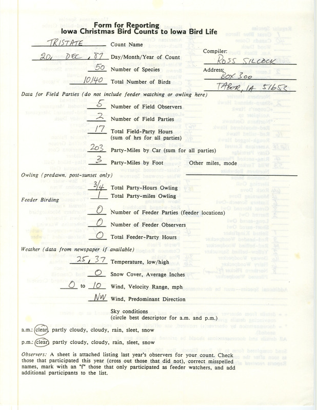 Iowa Christmas bird counts of regular and uncommon species found in Fremont County, Nebraska and Missouri contributed by W. Ross Silcock, December 20, 1987. This item was used as supporting documentation for the Iowa Ornithologists Union Quarterly field report of winter 1987-1988.