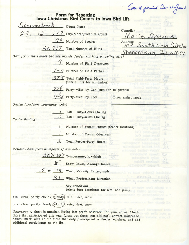 Iowa Christmas bird counts of regular and uncommon species found in Shenandoah contributed by Marie E. Spears Tiemann, December 29, 1987. This item was used as supporting documentation for the Iowa Ornithologists Union Quarterly field report of winter 1987-1988.