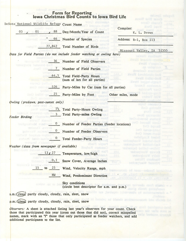 Iowa Christmas bird counts of regular and uncommon species found in DeSoto National Wildlife Refuge contributed by K. L. Drews, January 3, 1988. This item was used as supporting documentation for the Iowa Ornithologists Union Quarterly field report of winter 1987-1988.