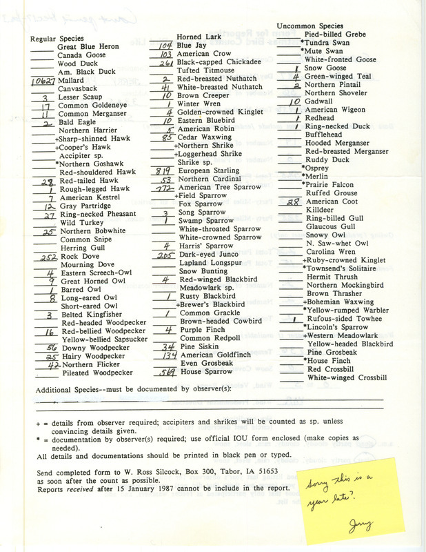 Iowa Christmas bird counts of regular and uncommon species found in Sioux City contributed by Jerry Probst, December 26, 1987. This item was used as supporting documentation for the Iowa Ornithologists Union Quarterly field report of winter 1987-1988.