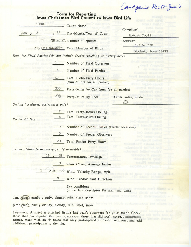 Iowa Christmas bird counts of regular and uncommon species found in Keokuk contributed by Robert I. Cecil, January 2, 1988. This item was used as supporting documentation for the Iowa Ornithologists Union Quarterly field report of winter 1987-1988.