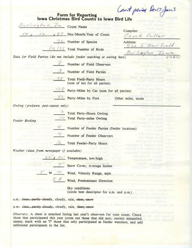 Iowa Christmas bird counts of regular and uncommon species found in Burlington, Des Moines County contributed by Charles Fuller, December 19, 1987. This item was used as supporting documentation for the Iowa Ornithologists Union Quarterly field report of winter 1987-1988.