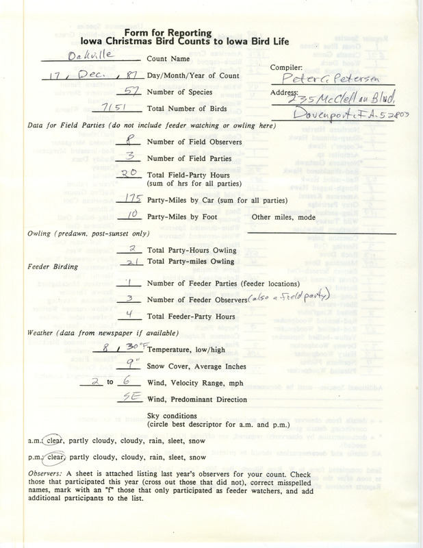 Iowa Christmas bird counts of regular and uncommon species found in Oakville contributed by Peter C. Petersen, December 17, 1987. This item was used as supporting documentation for the Iowa Ornithologists Union Quarterly field report of winter 1987-1988.