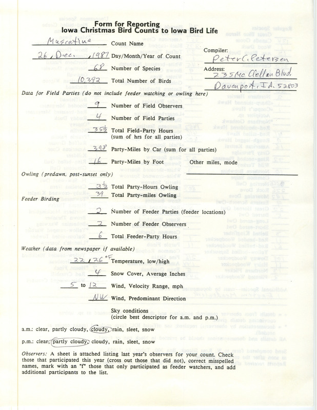 Iowa Christmas bird counts of regular and uncommon species found in Muscatine contributed by Peter C. Petersen, December 26, 1987. This item was used as supporting documentation for the Iowa Ornithologists Union Quarterly field report of winter 1987-1988.