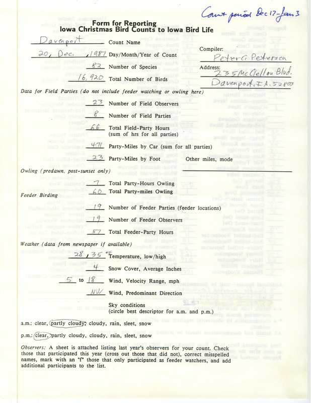 Iowa Christmas bird counts of regular and uncommon species found in Davenport contributed by Peter C. Petersen, December 20, 1987. This item was used as supporting documentation for the Iowa Ornithologists Union Quarterly field report of winter 1987-1988.