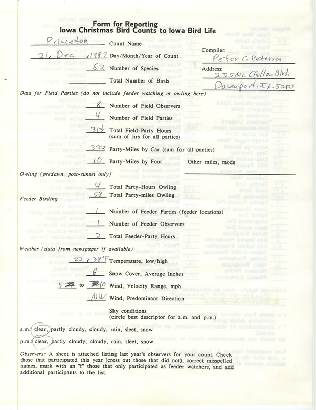 Iowa Christmas bird counts of regular and uncommon species found in Princeton contributed by Peter C. Petersen, December 21, 1987. This item was used as supporting documentation for the Iowa Ornithologists Union Quarterly field report of winter 1987-1988.