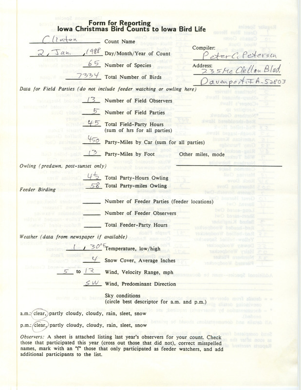 Iowa Christmas bird counts of regular and uncommon species found in Clinton contributed by Peter C. Petersen, January 2, 1988. This item was used as supporting documentation for the Iowa Ornithologists Union Quarterly field report of winter 1987-1988.