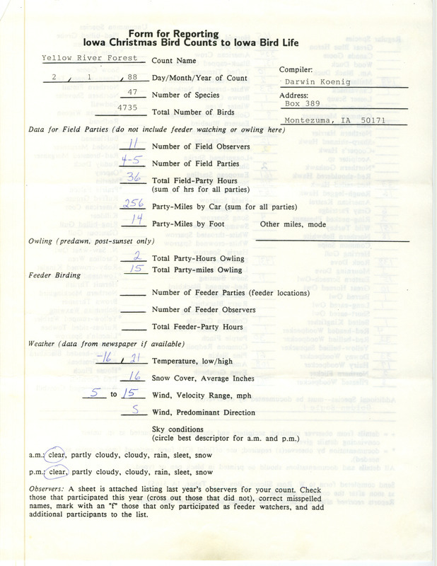 Iowa Christmas bird counts of regular and uncommon species found in Yellow River State Forest contributed by Darwin Koenig, January 2, 1988. This item was used as supporting documentation for the Iowa Ornithologists Union Quarterly field report of winter 1987-1988.