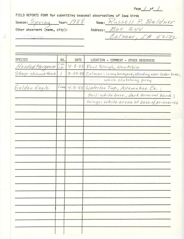 List of birds and locations contributed by Russell P. Baldner. This item was used as supporting documentation for the Iowa Ornithologists Union Quarterly field report of spring 1988.